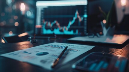 Fototapete - A close-up of stock market graphs and charts on a desk, surrounded by financial documents.