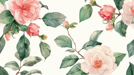 Poster - Hand drawn watercolor design featuring camellia flowers and buds