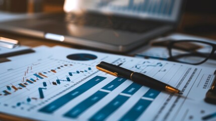 Leinwandbilder - A close-up of stock market graphs and charts on a desk, surrounded by financial documents.