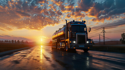 A semi-truck hauling a tanker trailer drives down a straight highway towards a colorful sunset.