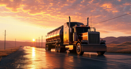 A semi-truck hauling a tanker trailer drives down a straight highway towards a colorful sunset.