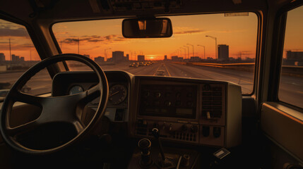 A semi-truck hauling a tanker trailer drives down a straight highway towards a colorful sunset.