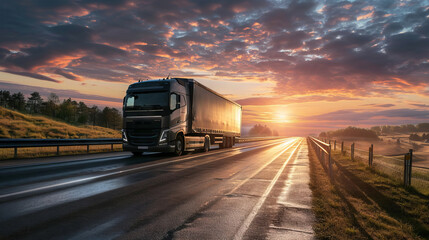 A semi-truck hauling a tanker trailer drives down a straight highway towards a colorful sunset.