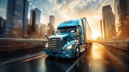 A blue semi truck hauls cargo down a highway toward a city skyline.