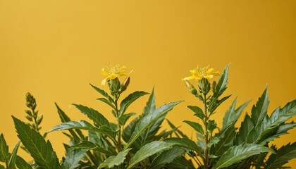 Wall Mural - Yellow Flowers with Green Leaves on a Yellow Background.