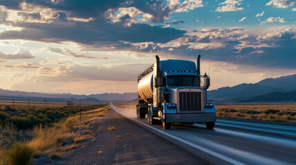 A black semi-truck with a trailer drives down a wet road toward a fiery sunset.