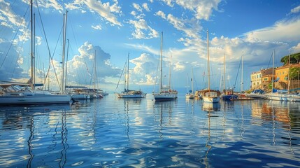 Wall Mural - harbor - anchored sailboat in beautiful blue bay coastline