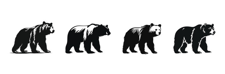 Wall Mural - black bear silhouette cutout. set of bear animal silhouette on transparent background