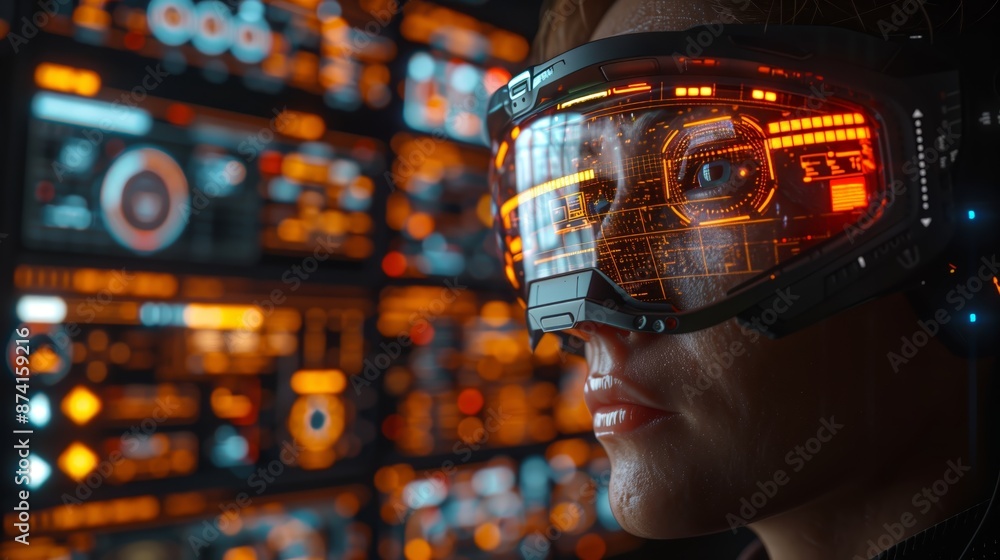 A close-up of an individual engaged with a virtual reality headset ...