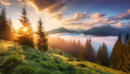 Wall Mural - Golden sunrise over misty mountain valley