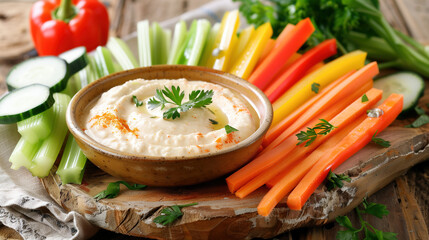 Wall Mural - a colorful assortment of veggie sticks, including carrots, celery, bell peppers, and cucumbers, served with a bowl of creamy hummus on a rustic wooden board