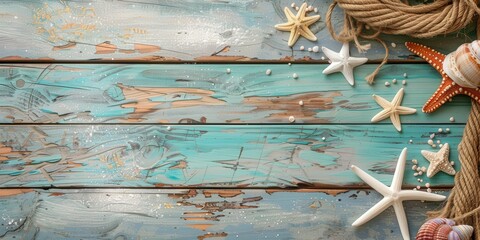 Wall Mural - Summer Beach Background with Sea Shells and Rope