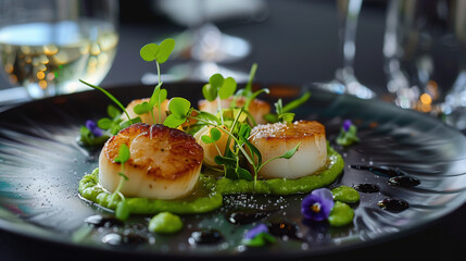 Wall Mural - a plate of seared scallops, artistically arranged with pea puree, microgreens, and edible flowers, served on a sleek black plate