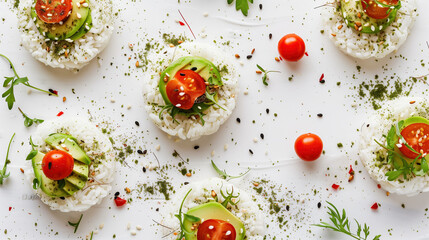 Wall Mural - rice cakes topped with mashed avocado, cherry tomatoes, and a sprinkle of sesame seeds, arranged neatly on a clean, white surface
