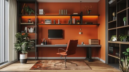 A modern home office with orange walls features a desk with a computer monitor, a comfortable chair, and a large plant. The room is decorated with bookshelves and a pendant light.