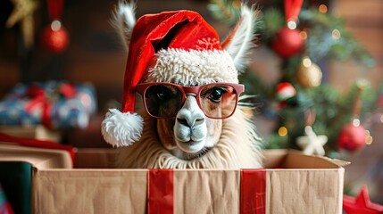 Canvas Print - Llama in a Box Wearing Santa Hat and Sunglasses for Christmas