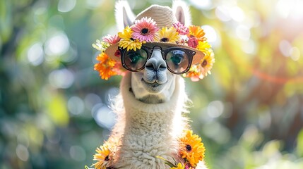 Wall Mural - A Llama Wearing a Flower Crown and Sunglasses