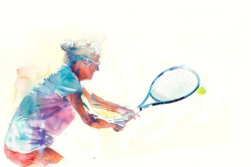 Wall Mural - watercolor illustration: elderly woman, grandmother playing tennis, generated ai