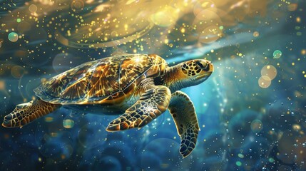 Wall Mural - A majestic large golden sea turtle swimming in the ocean depths