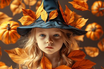 Wall Mural - A young girl with a witch hat adorned with autumn leaves, surrounded by floating pumpkins and leaves