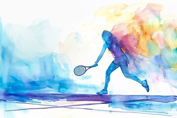 Wall Mural - watercolor illustration: girl playing tennis, generated ai