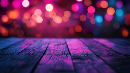 Wall Mural - Empty wooden table with colorful bokeh lights in the background