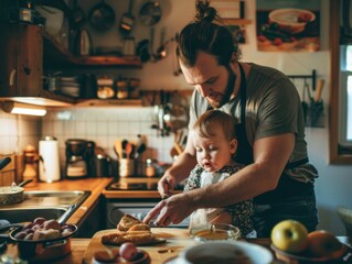 Single dad cooking with toddler in vibrant kitchen. Warm lighting, messy countertop background. Shot with Sony A7III, 35mm f/1.4 lens, eye-level angle.  