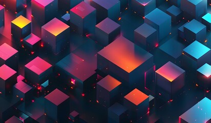 Wall Mural - Abstract background with black cubes and glowing blue, orange or pink elements on a dark gradient in an isometric view