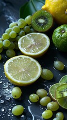 Wall Mural - Assorted sliced and whole lemons, limes, kiwifruit, and green grapes with visible freshness from water droplets, banner with copy space, concept helth and organic food, vitamin