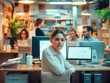 © TanaGera - a young business woman sits in the foreground and looks into the frame. There are many people in the office working on computers and with documents.