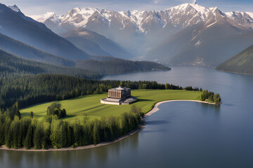 Canvas Print - Soar through the skies with this breathtaking drone view. A vast, crystal-clear lake stretches out below, reflecting the vibrant blue of the sky. 