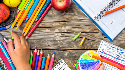 Wall Mural - Top-down view of a wooden desk with neatly arranged school supplies: notebooks, pencils, crayons, and a ruler. A child's hand holds a pencil, ready to write. 