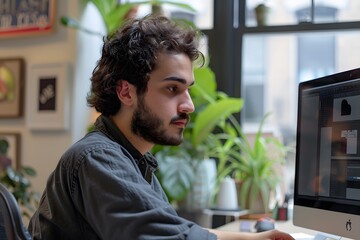 Wall Mural - Focused Young Man Working on a Computer in a Modern Office