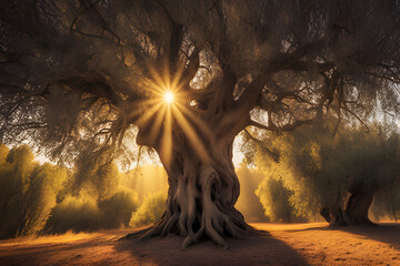 Wall Mural - Sunlight, dappled gold, filters through the leaves of a venerable olive tree. Its gnarled branches, etched with the passage of time, sway gently in a warm breeze.
