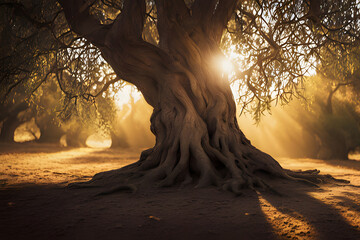 Canvas Print - Sunlight, dappled gold, filters through the leaves of a venerable olive tree. Its gnarled branches, etched with the passage of time, sway gently in a warm breeze.

