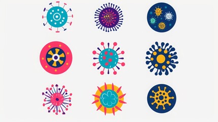 Aufkleber - Nine stylized virus illustrations in different colors and patterns on a white background.