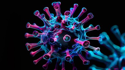 Aufkleber - A 3D rendering of a virus particle, with blue and pink spikes extending outwards. The image is created to visualize the microscopic structure of a virus.