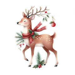 Watercolor painting of deer christmas theme on​​ white background