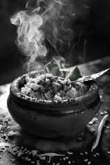 Wall Mural - A close-up shot of a bowl of food in monochrome tones