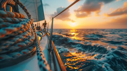 Wall Mural - Sailing at sunset with vibrant ocean waves and a beautiful sky, showcasing the serene and adventurous sailing experience.