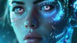 © 69 - Close-up portrait of a futuristic cyborg woman with glowing cybernetic eyes and intricate metallic enhancements on her face, against a digital backdrop.