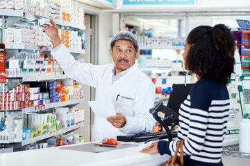 Poster - Help, pharmacist and woman with prescription for consulting for certificate, medication review and refill request for illness. Female customer, man and letter for dosage instructions and healthcare