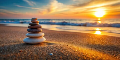 Sticker - Zen stones on sandy beach at sunset with blurred sea background, Zen, stones, beach, sunset, sea, blurred, background