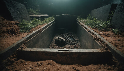 A creature, just a skeleton, a monster or demon, evil being, its bony skull lies in the opened stone coffin in the ground in a cemetery, creepy horror, mystery, science fiction, fog at night.