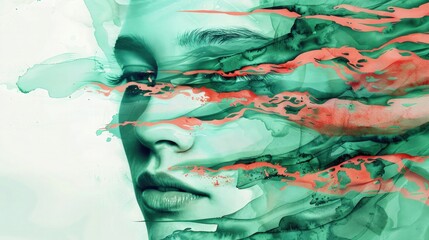 Wall Mural - painted portrait of a female face blending with abstract watercolor waves in shades of green and cor
