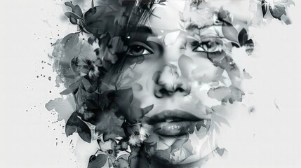 Wall Mural - painted portrait of an abstract female face blending with watercolor floral patterns in black and wh