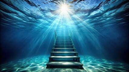 Wall Mural - Underwater stairway leading to light on water's surface, underwater, stairway, ascension, light