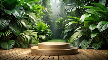 Poster - Wooden podium surrounded by lush tropical leaves in a forest setting for product presentation , wooden, podium, forest