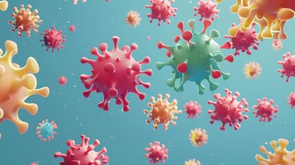 Aufkleber - A close-up of various colorful virus particles floating in the air, rendered in 3D. The particles are mostly red, orange, and green, with some blue and white. The background is a light blue.