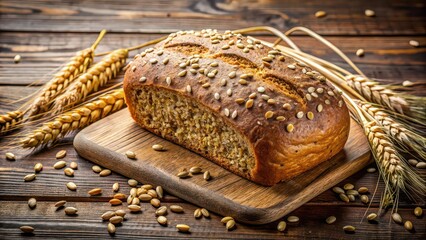 Poster - Wholemeal wheat bread with grains and seeds on a wooden table, wholemeal, wheat, bread, integral, grains, seeds, healthy